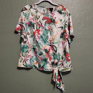 Worthington Tropical Print Blouse with Tie Detail